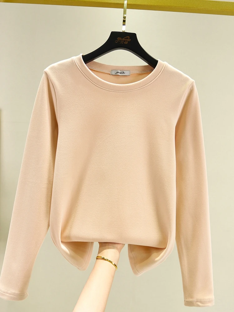 Thickened Fleece Long Sleeve T-Shirt Women's Inner Wear German Velvet Close-Fitting Warm Base Shirt round Neck Winter Top