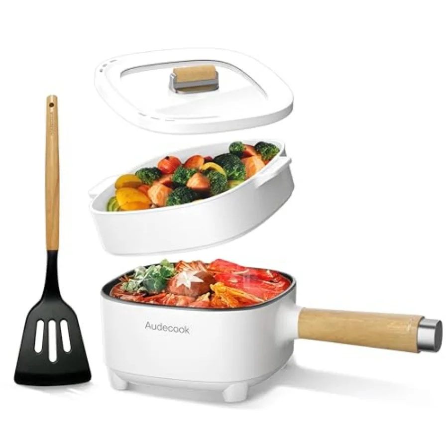 Olla eléctrica de 2L con revestimiento cerámico antiadherente, sartén de 8 pulgadas, cocina portátil de viaje para ramen/bistec/arroz frito/aperitivos de avena/sopa