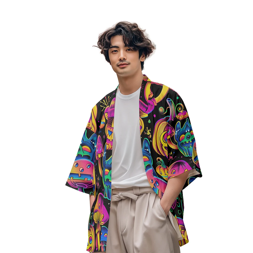 

Classic Retro Niche Design Anime Halloween Pumpkin Multi-Pattern Printed Toga Men's Casual Daily Kimono Men's Tops