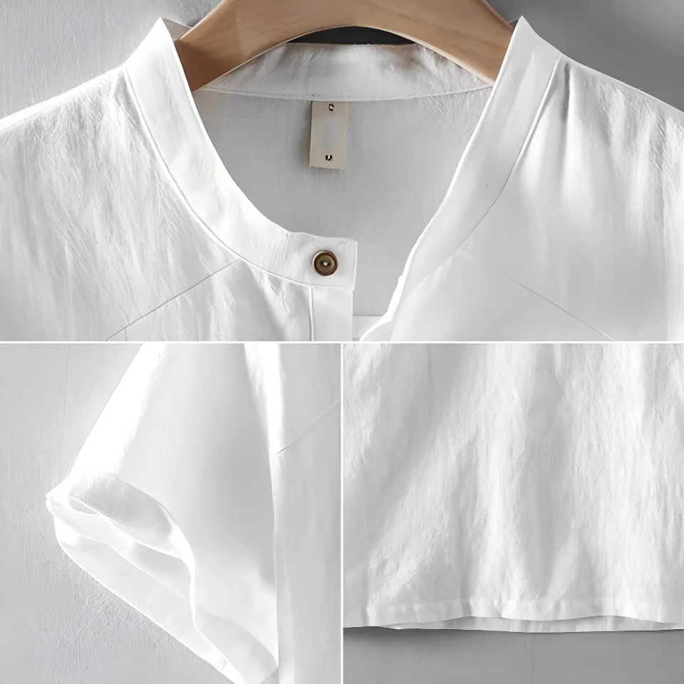 Letnia nowa męska lniana koszula z kołnierzykiem stójką, bawełniana, lniana, retro, oddychająca, luźna koszula.