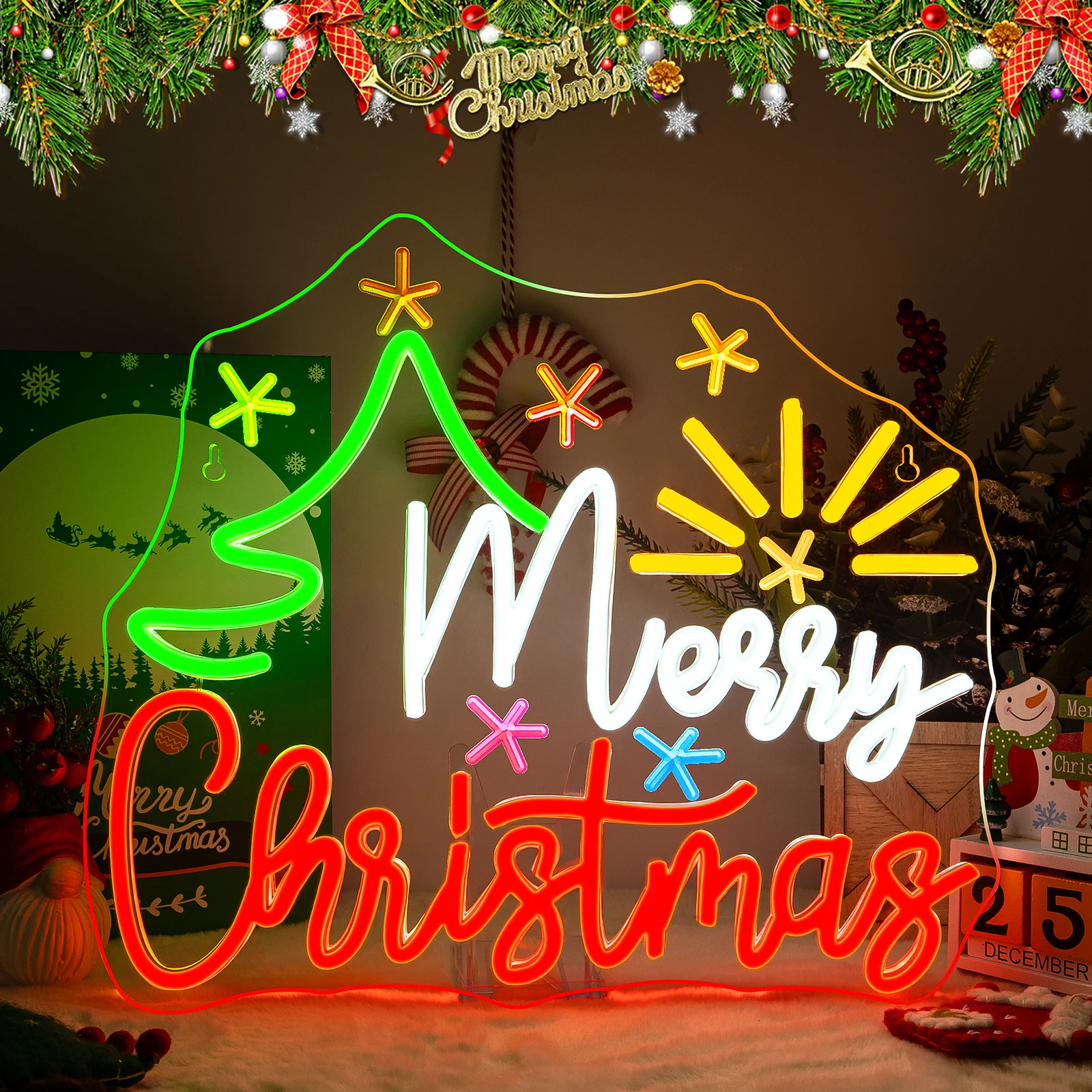 

Merry Christmas Tree LED Neon Sign for Wall Decor Flashing Light USB Dimmable Switch for Holiday Party Bedroom Window Gift