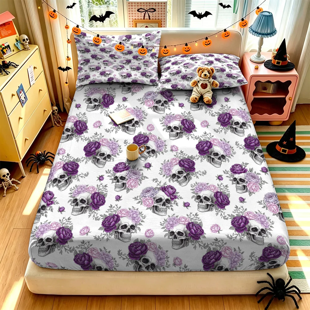 3Pcs Purple Pink Rose Skull Pattern Bedding Set Without Insert 1 Duvet Cover 2 Pillowcases Cozy Soft Home Textile Gothic Styl