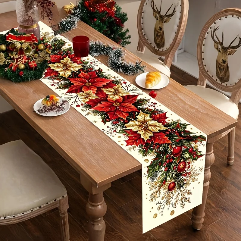 1pc Retro Poinsettia Floral Christmas Table Runner, Holly Berry Winter Flower Printed Polyester Table Flag, for Home Kitchen Din