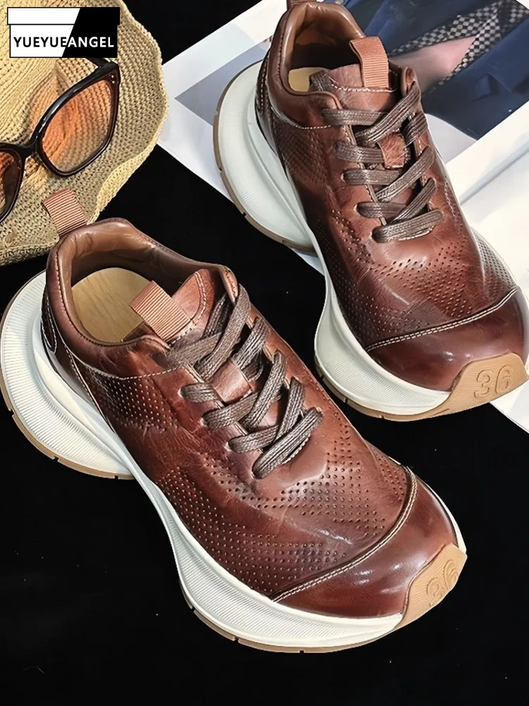 Fashion Women Thick Platform Genuine Leather Shoes Lace Up Casual Joggers Sneakers Trainers Low Cut Vintage Light Weight Pumps