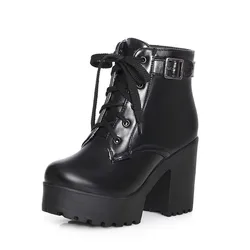 New 3 Color Winter Lace-Up Sexy Women Boots Fashion Platform high square heels Black Buckle Ankle boots Plus Size 34-43