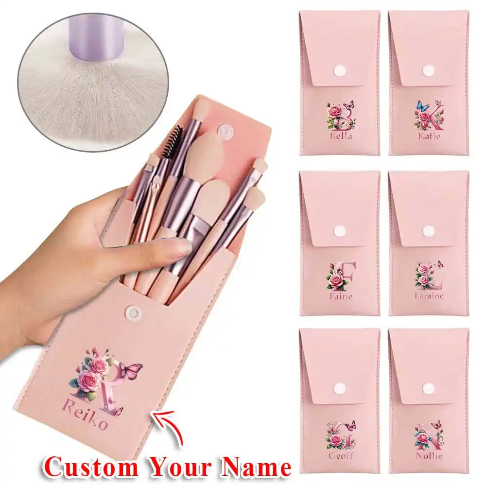Customized Name Women Makeup Brush Kit with Bag Cosmetic Brush Storage Pouch Container Personalized DIY Initial 26 Letters