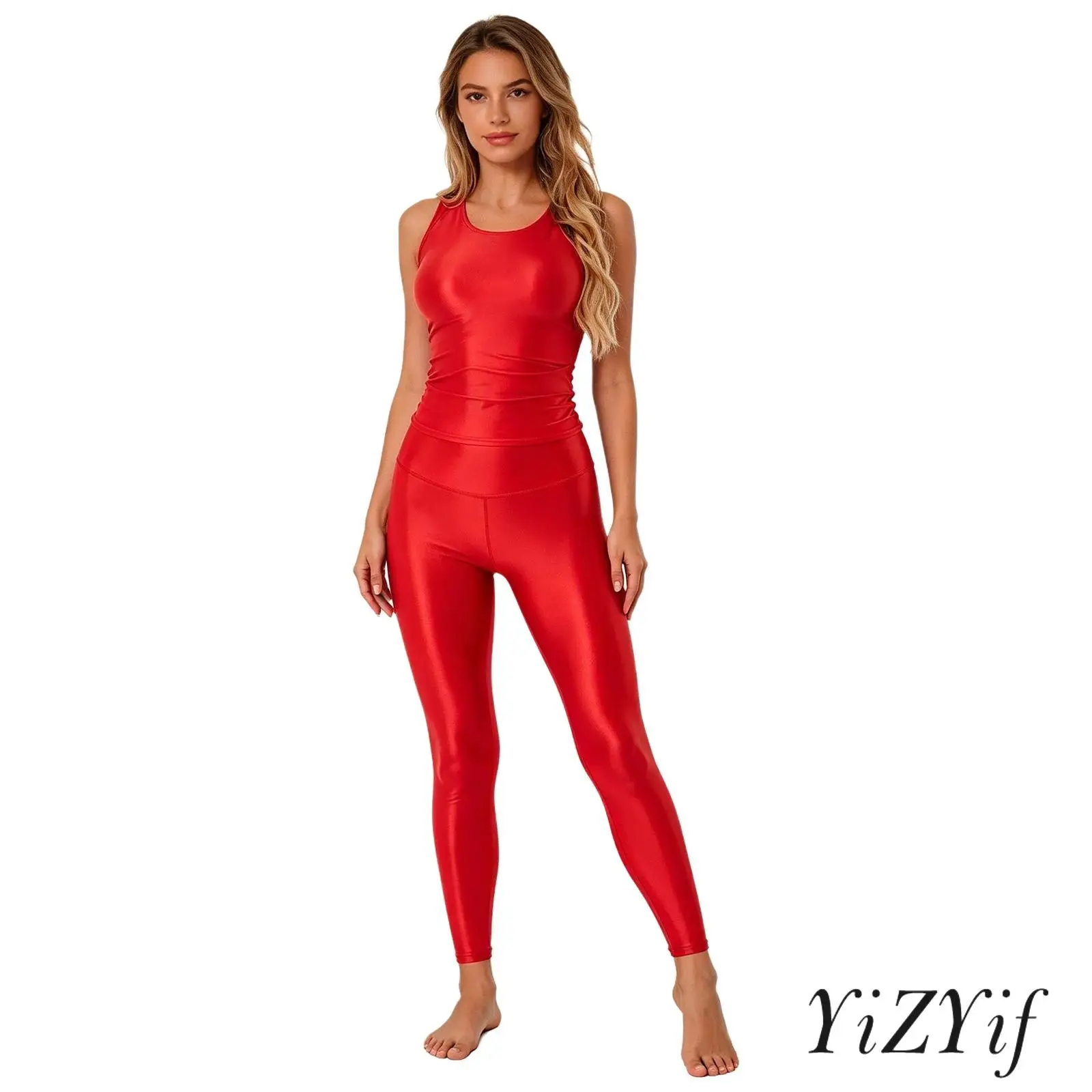 Womens Glossy Yoga Dance Practice Outfit Sleeveless Tank Top and Wide Elastic Waistband Leggings Athletic Sportswear Dancewear