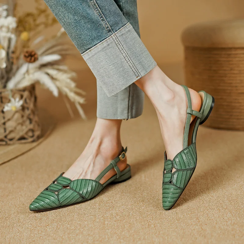 2023 New Sexy Pointed Toe Women Sandals Spring Summer Slingback Pumps Low Heels Genuine Leather Fashion Office Party Shoes Woman