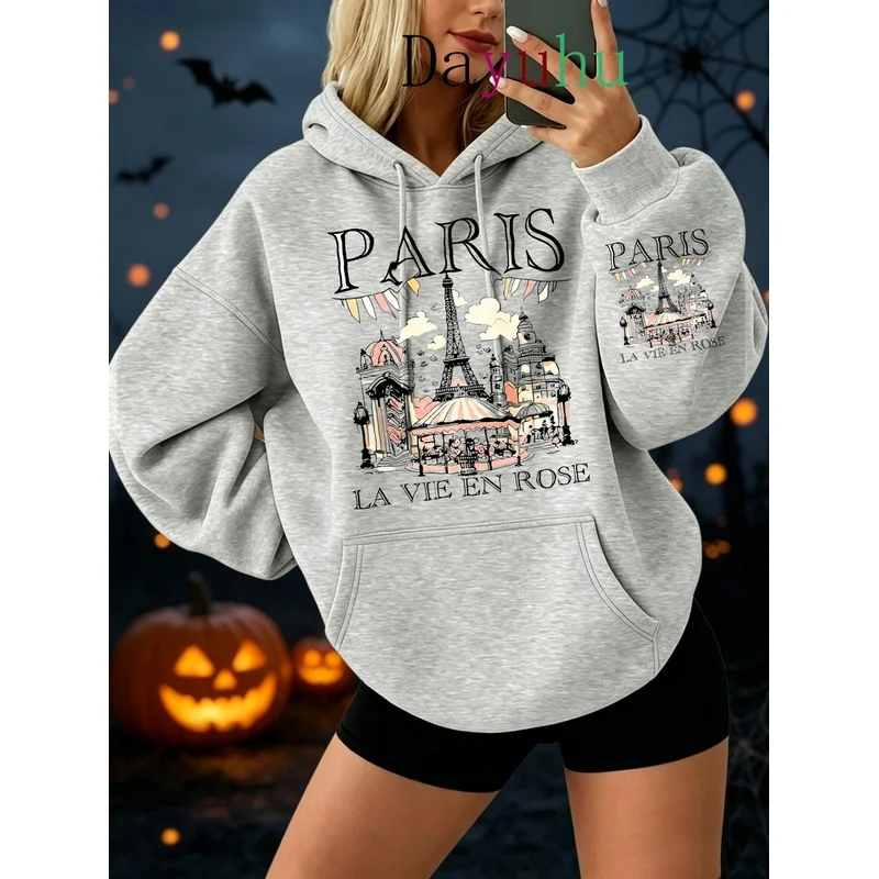 Oversized Streetwear Hoodie Halloween Paris La Vie En Rose Print Autumn Winter Daily Wear Pullover Sweatshirt Fashion