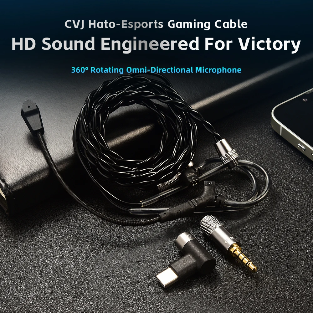 CVJ HATO Gaming Earphones Cable Detachable Boom Mic 1.5m/2m 3.5mm/Type-C Plug 360° Omnidirectional Mic Metal Splitter Design image 3