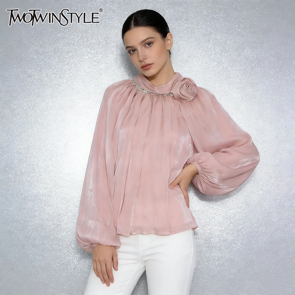 

TWOTWINSTYLE Office Pink Crystal Neck Pleated Blouse for Women 3D Rose Accent Puff Sleeve Loose Shiny Shirt for Luxurious Dinner