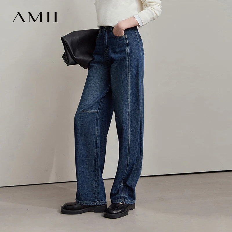 

AMII Jeans Pants Women 2025 Autumn New Retro Denim Blue Trousers For Woman Loose Wide-leg Versatile Trousers Ladies 12553029