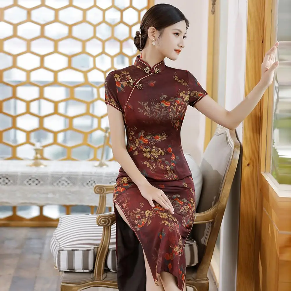 Printed Cheongsam Mid-Calf Length Hip Wrap Dress Up Chinese Style Side Split Midi Cheongsam   Elegant Qipao  for Party