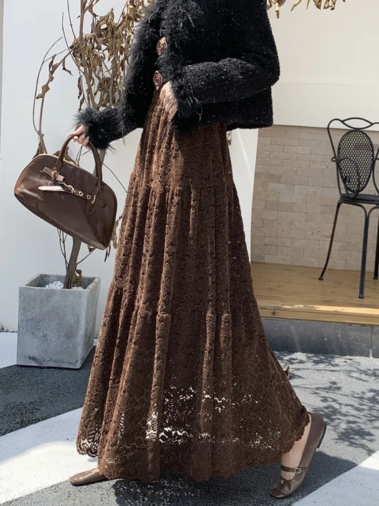 ハイウエスト A ライン スカート レディース レース ベルベット f-length ケーキ スカート エレ スリミング 秋冬 ファイオン