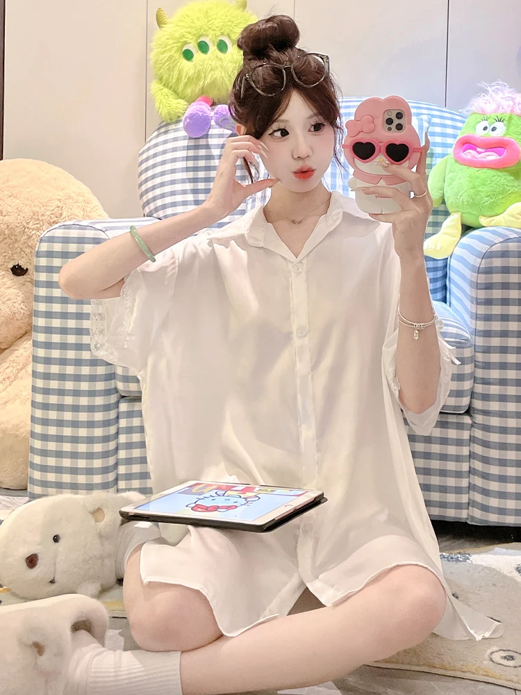 DAIMELU Ice Silk Shirt Pajamas Women's Thin Summer Premium Large Size Sexy Silk Short Sleeve Pajamas Spring and Autumn nightgown