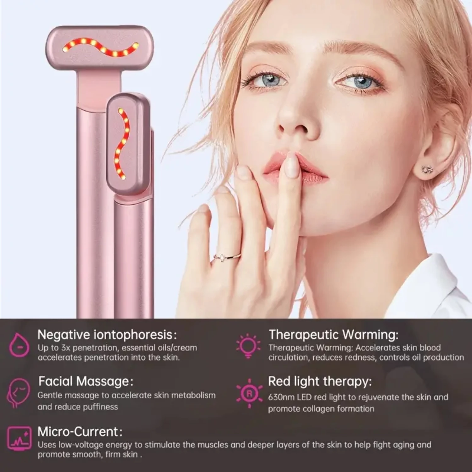 Advanced Professional 4-in-1 Red Light Therapy Skincare Wand with Microcurrent Technology - Effective Anti-Aging Facial Device f