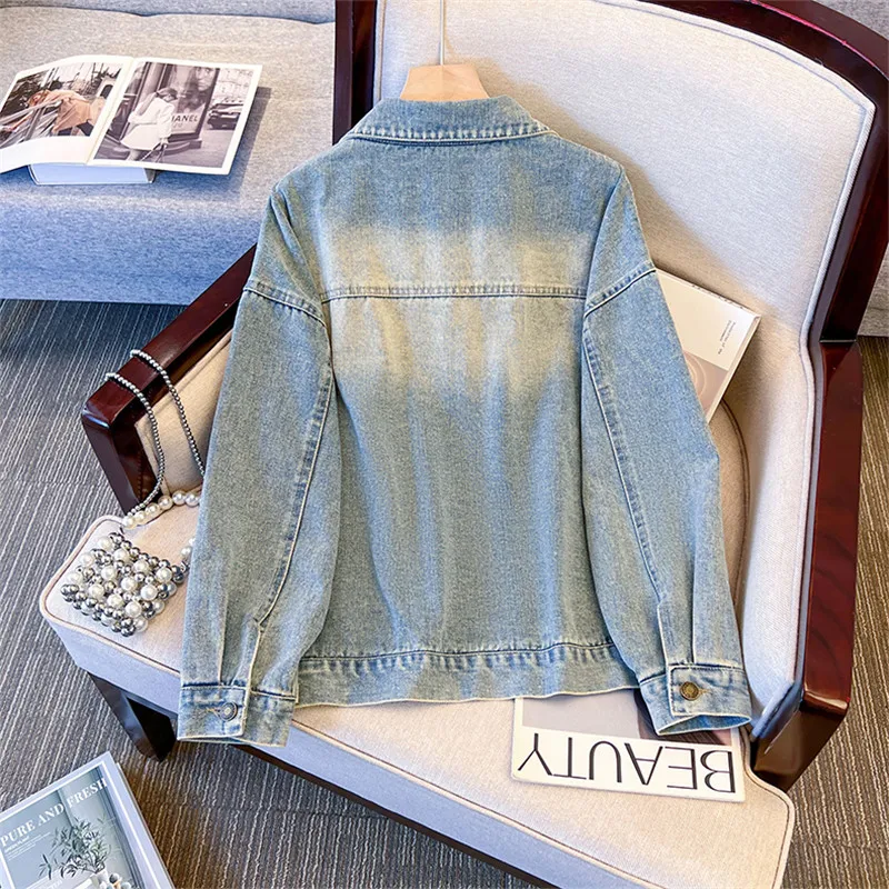레이스 레이스업 버튼 장식 연한 파란색 짧은 데님 재킷 루즈 라펠 싱글 브레스티드 긴 소매 가을 여성용 청재킷