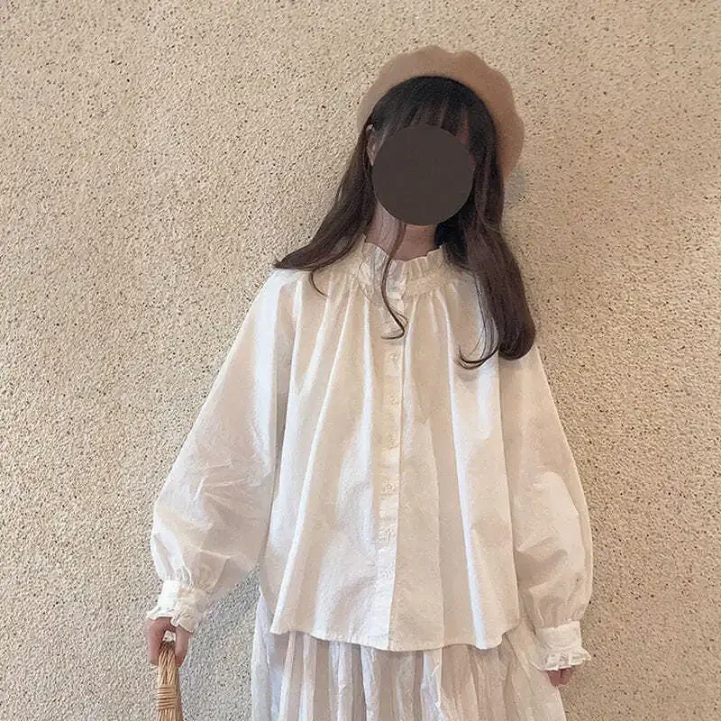 Kawaii Shirt Harajuku Blouses Japanese Korean Style White Shirt Lolita Ruffle Tops Loose Sweet Soft Girl Long Sleeve Cute