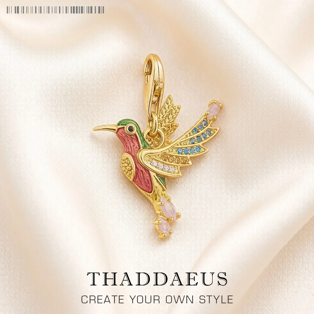 Bunter Kolibri-Gold-Charm für Damen, Bohemia Lucky, 925er-Sterlingsilber, verspielter Anhänger