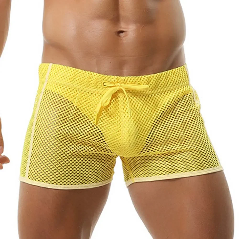 Mens Sexy Shorts See Through Mesh Boxer Shorts Translucent Boxers Erotic Shorts With Drawstring Man Sleeping Underwear