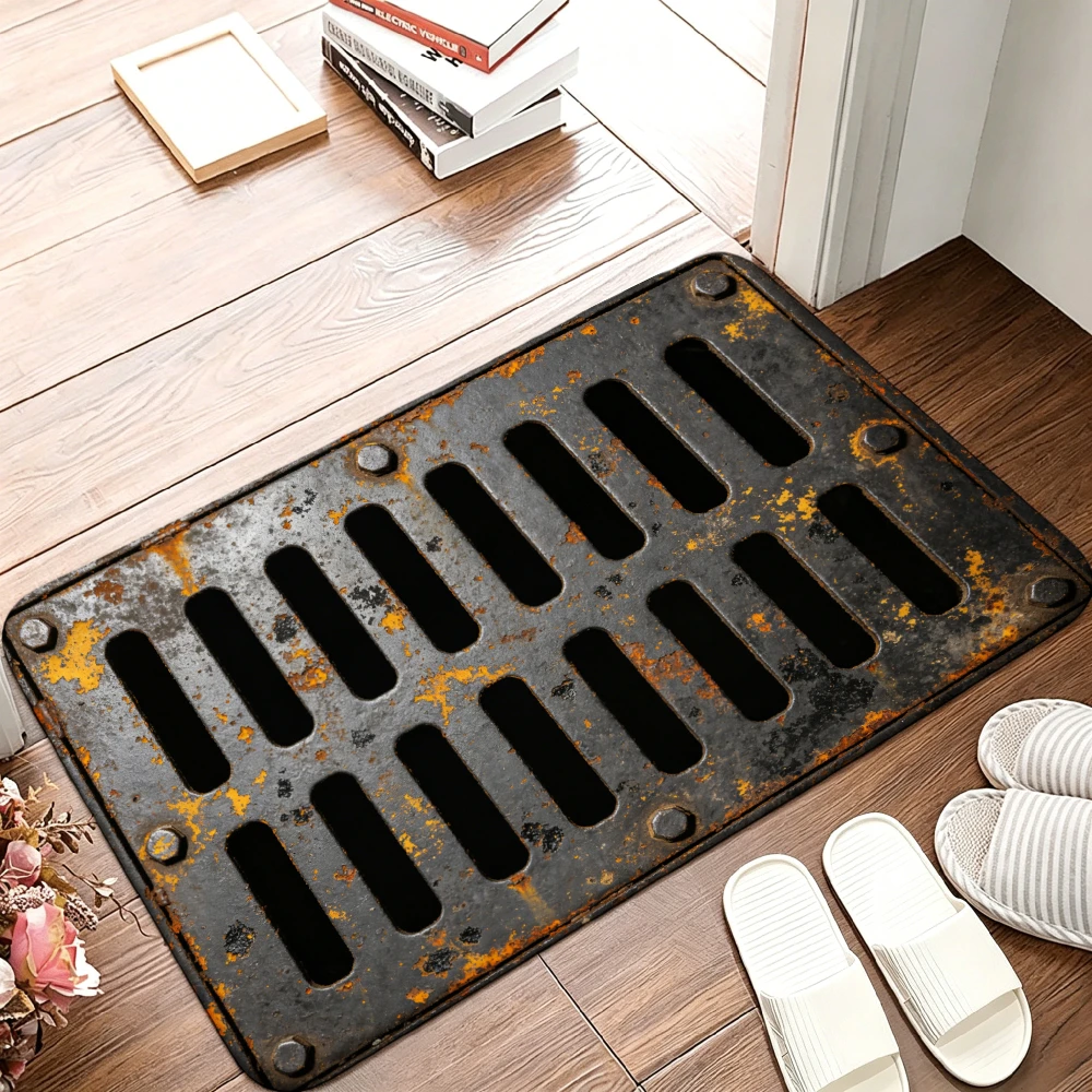 Rusty Metal Drain Cover 3D Optical Illusion Doormat Entry Novelty Rug Anti Slip Floor Mat For Funny Themed Indoor Entryway Decor