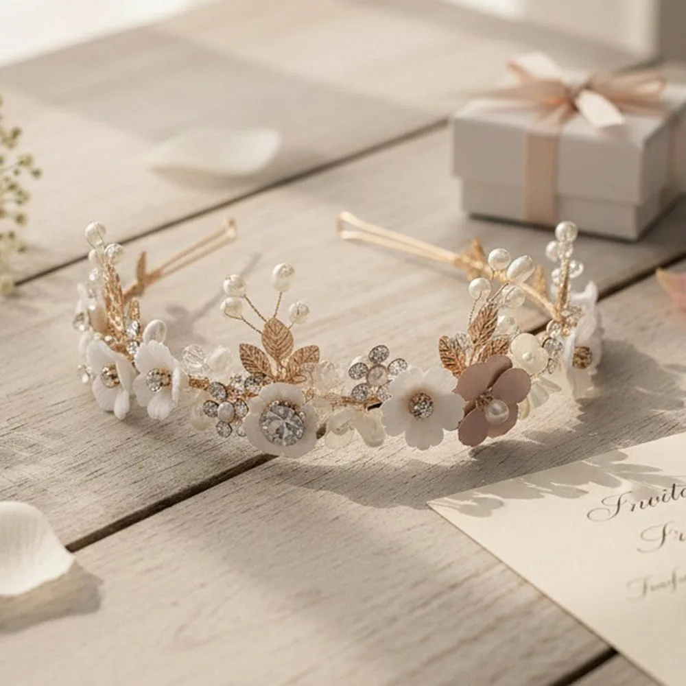SLBRIDAL Handgefertigte Kristall-Strass-Perlen Blumen-Blatt Braut-Tiara Stirnband Hochzeitskrone Haaraccessoires Damen Mädchen Schmuck – Detail 3