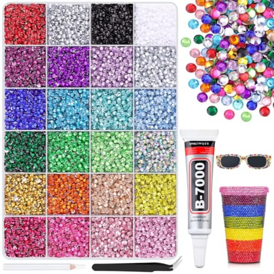

24000Pcs Resin Rhinestones with Pcs B7000 Jewelry Glue for Crafting, Multicolors 3mm Non Hotfix Flatback Gems, Bedazzling Cryst