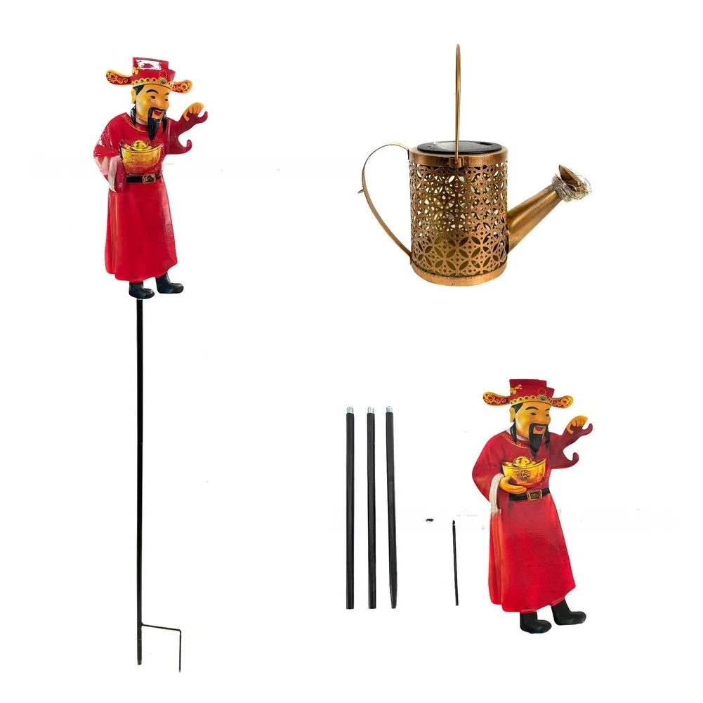 Red Metal Solar Powered Watering Can Lantern Stake Light With Chinese Lucky Motif For Outdoor Garden Yard Decoration