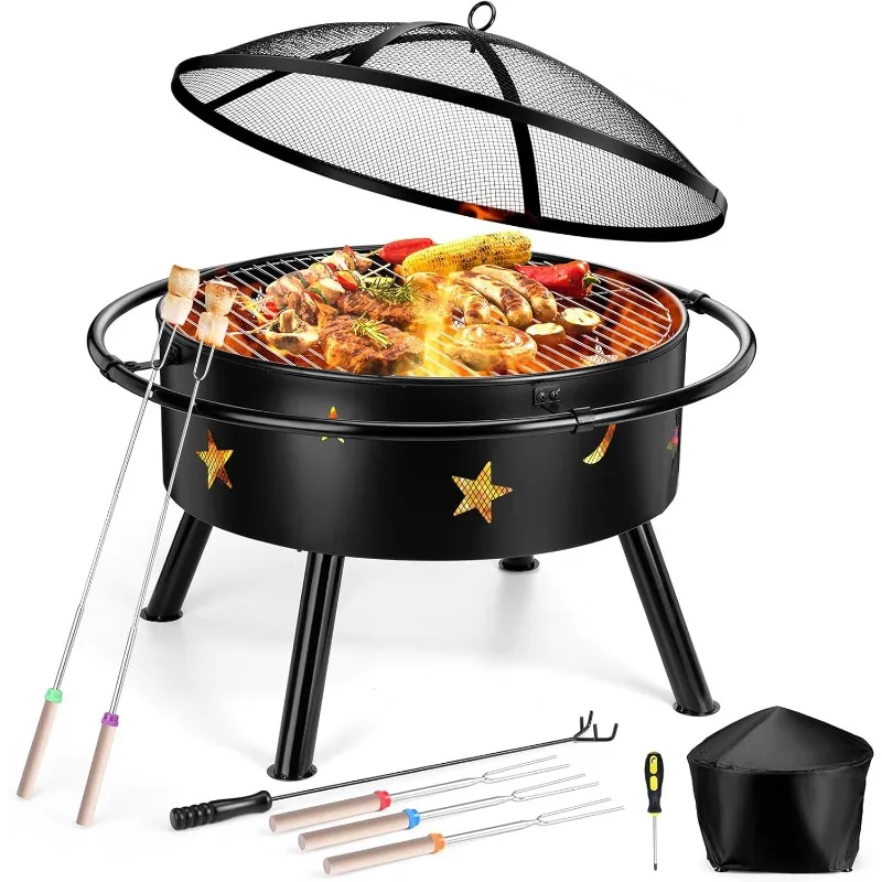 30inch Fire Pit, Outdoor Wood Burning Bonfire Firepit BBQ Grill with Cover & Poker Accessories Kit, Heavy Duty Round