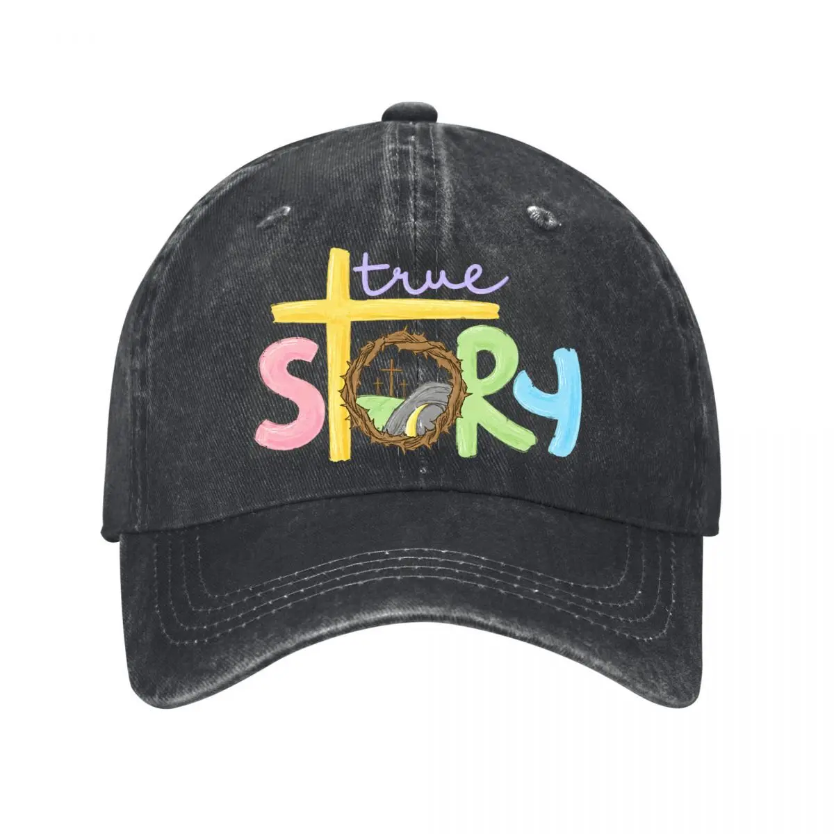 True Story Cross Crown Thorns Graphic New Vintage Washed Cotton Baseball Cap Sun Hats