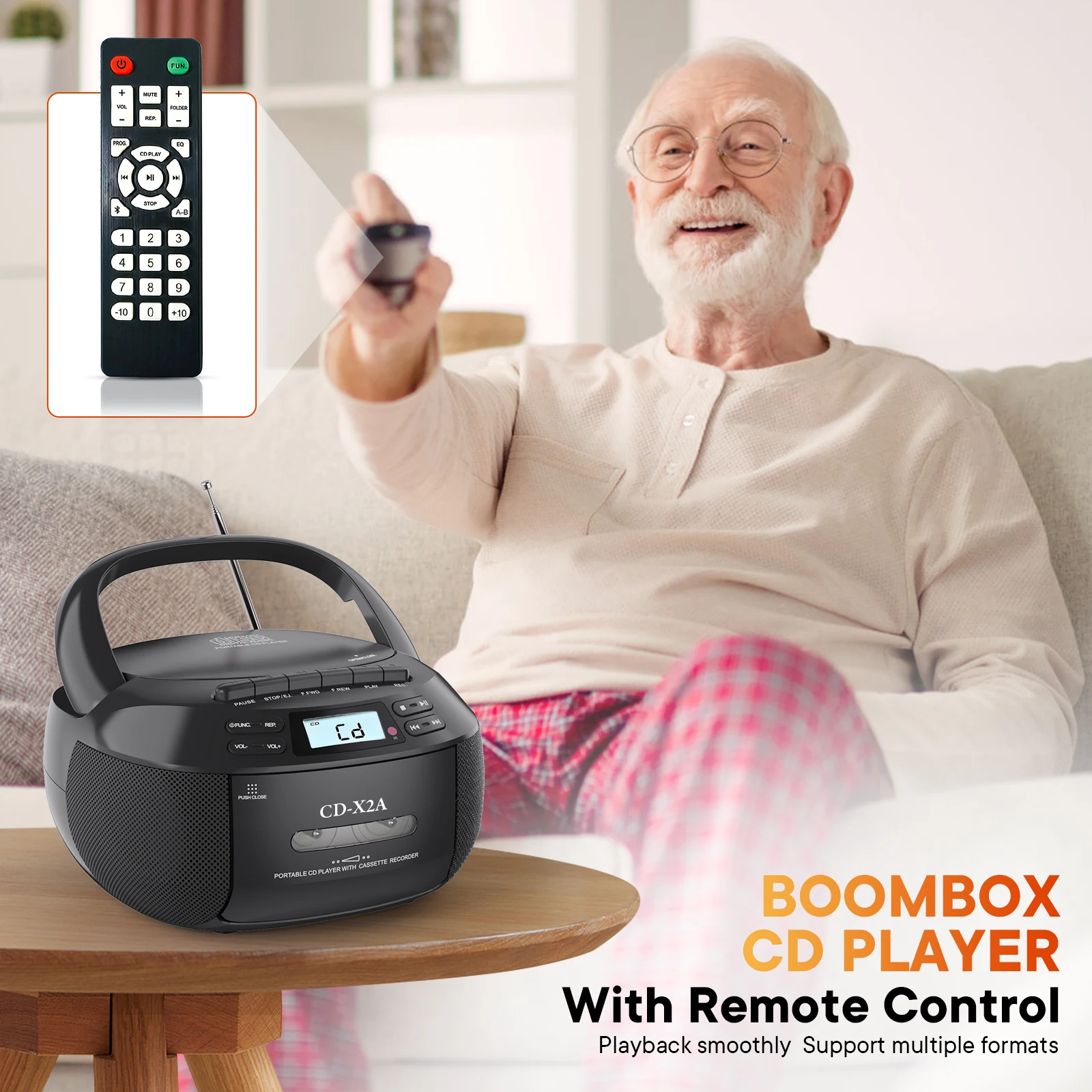 CD player boomox cassette player combo with Bluetooth AM FM radio,plays AUX USB MP3 with remote control,AC/DC powered