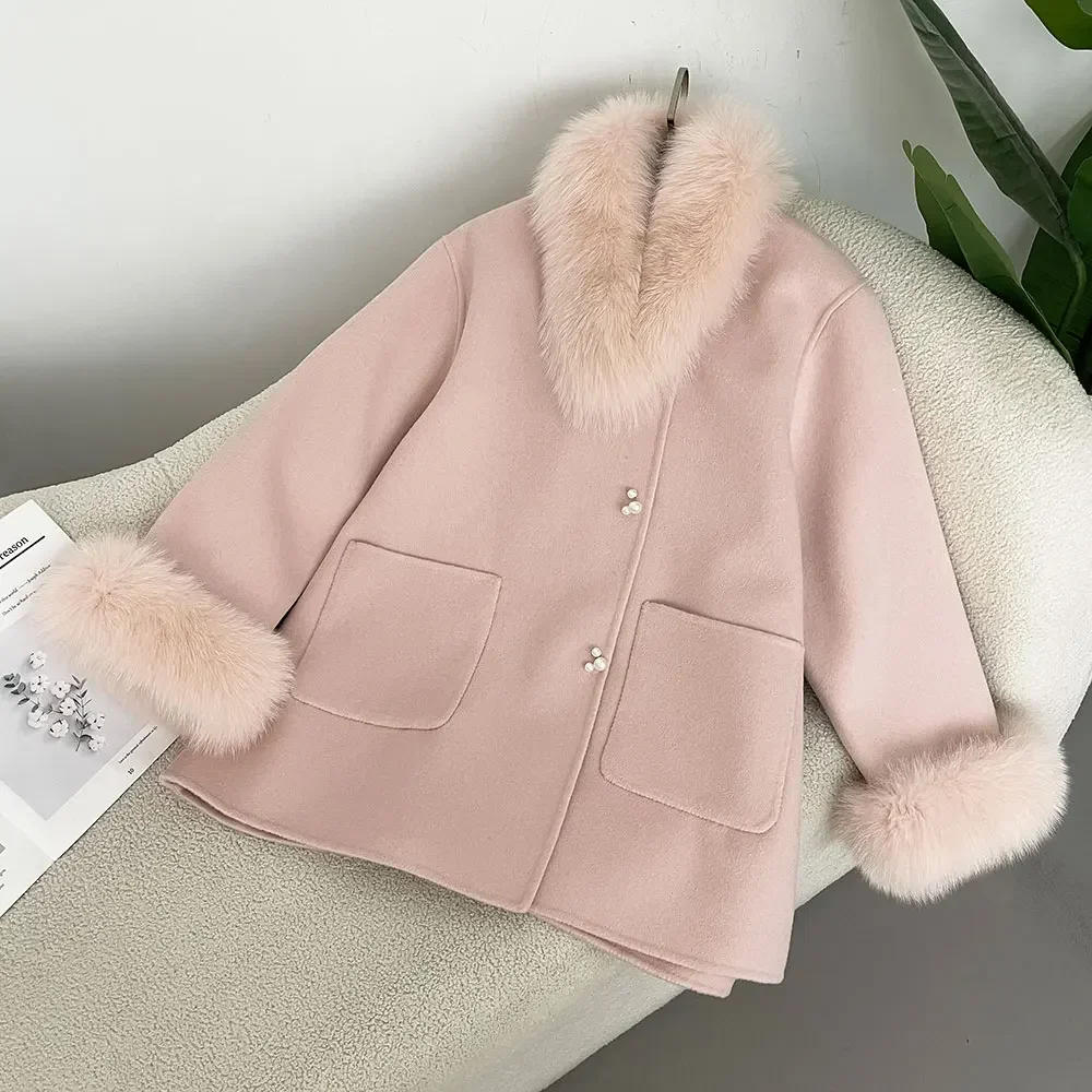 

Real Fur Wool Coat Single Breasted Real Fox Fur Collar Cuffs Jacket Woolen Female 2024 New Autumn Winter 100% Wool Coat Women