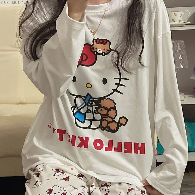 Kawaii Sanrio Hello Kitty Pajamas Pochacco Anime Cartoon Students Autumn Winter Polyester Long Sleeved Girls Nightwear Gift