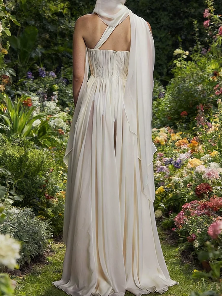 우아한 홀터넥 민소매 플리츠 바닥 길이 스트레이트 신부 웨딩 드레스 신부 가운 맞춤형