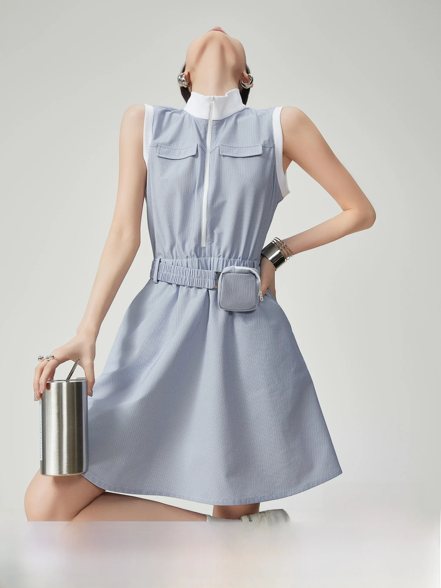 

Blue White Striped Casual Golf Svel Vest Dr Women's Midi Unique Beautiful Waist Cinched Skirt Trendy High Waist Poly...