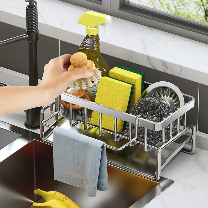 Kitchen Storage Rack Self-Draining Sink Shelf Stainless Steel Drain Rack Soap Sponge Holder Dishcloth Towel Rack Sink Organizer