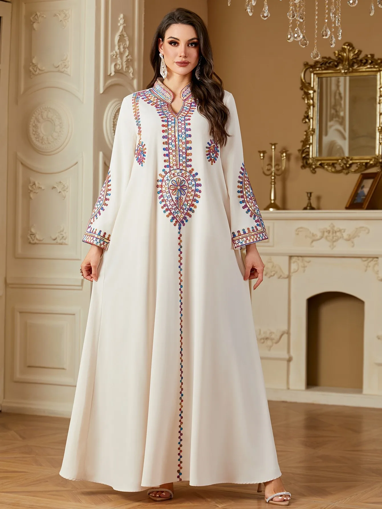 

Summer Women's Clothing Long Sleeve Embroidered Loose Fit Modest Dresses Muslim Woman Dress Abaya Kaftan Polyester Maxi Dress