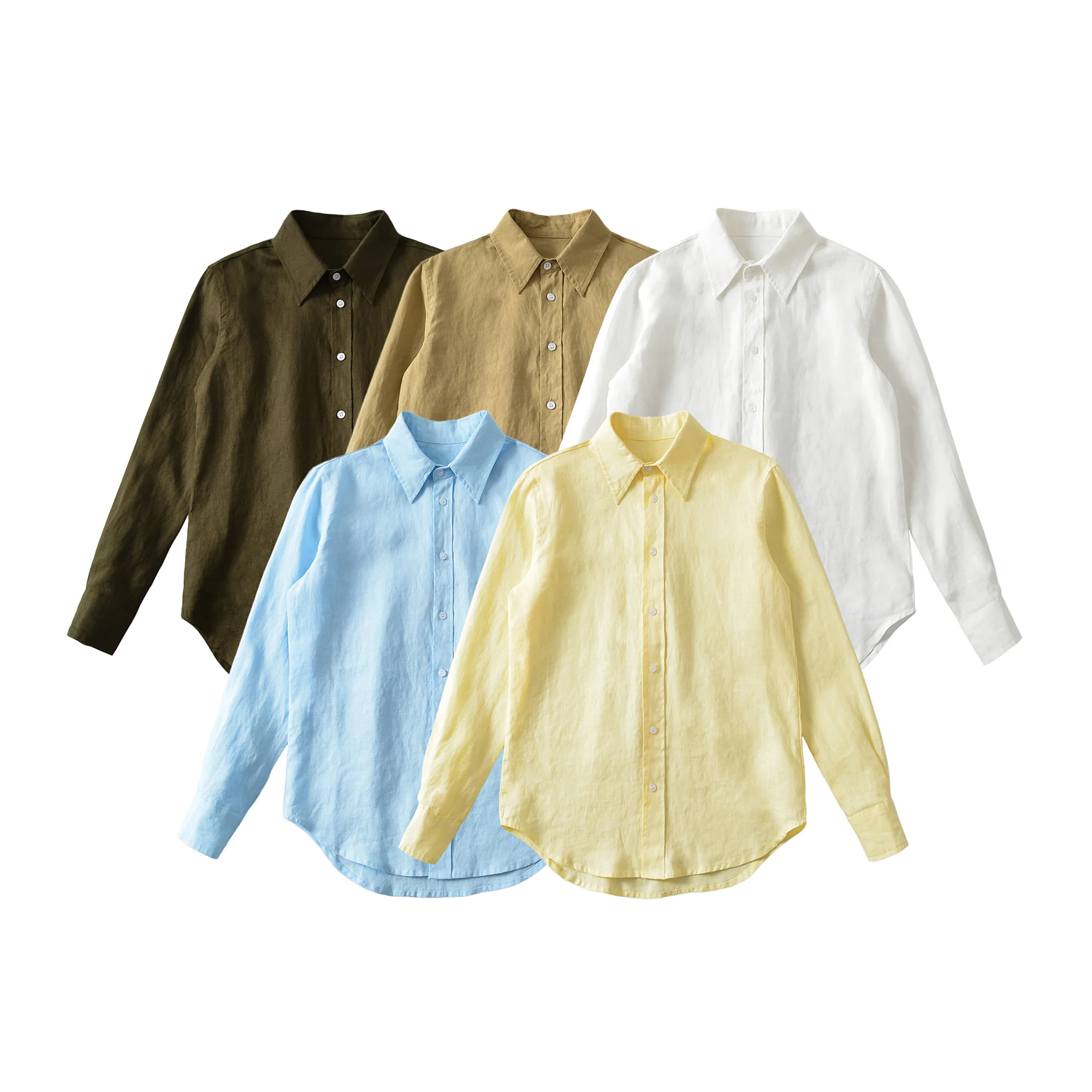 Spring Autumn CHIC Women Army green Lapel Collar Long Sleeve Linen Shirt Single-breasted Buttons Loose Crop Hem Blouse Base Tops