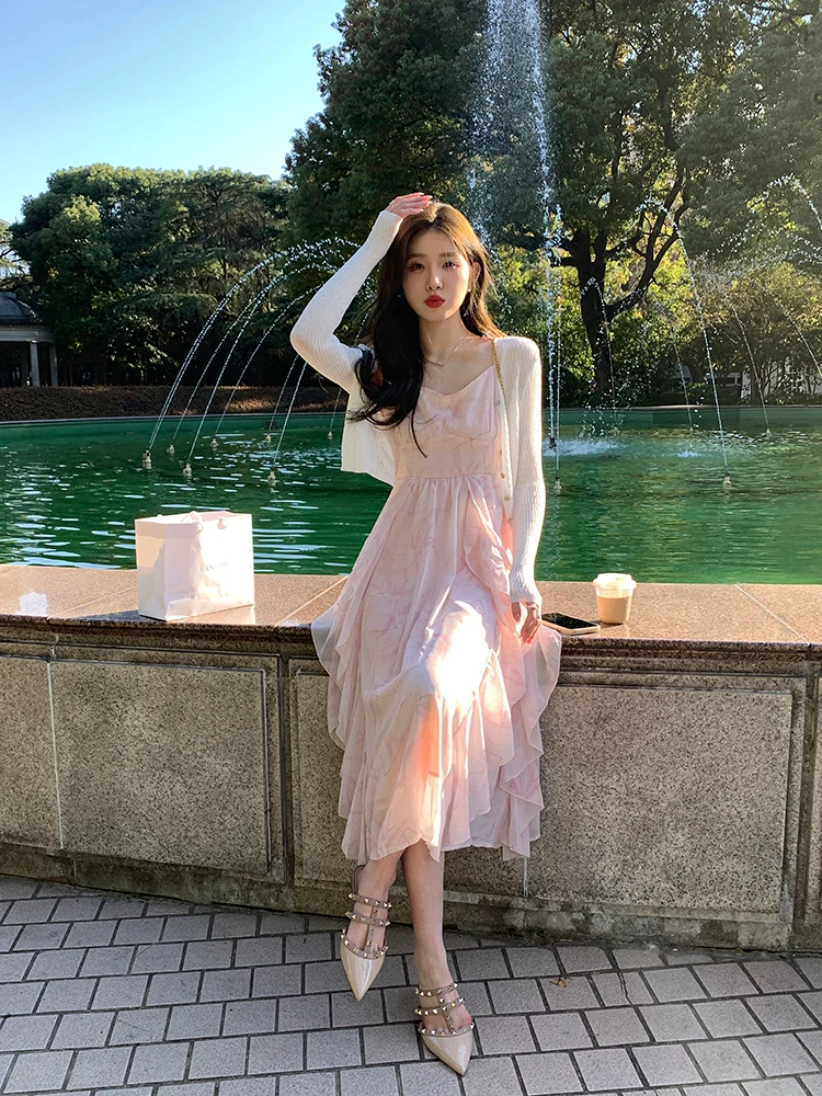 

Розовое летнее платье с бретельками в корейском стиле, с дизайнерским акцентом на снежинках, длинное, с завышенной талией, А-силуэт, для женщин