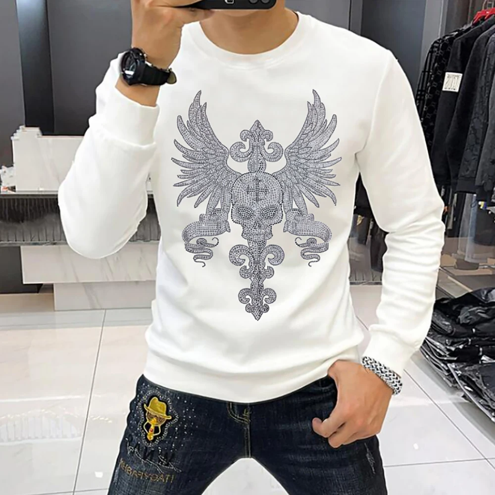 

2025 New Men's Sweatshirt Skull Wing Rhinestone Print Crew Neck Long Sleeve Fashion Trendy Casual Streetwear Man Pullover Top ﻿