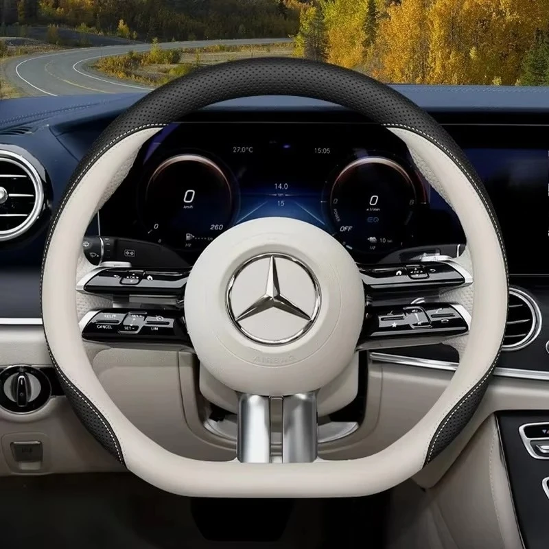 2026 Leather Steering Wheel Cover For Mercedes A C E S-Class GLA GLC GLE GLS 180 200 206 300 350 400 EQC EQE EQS AMG Accessories