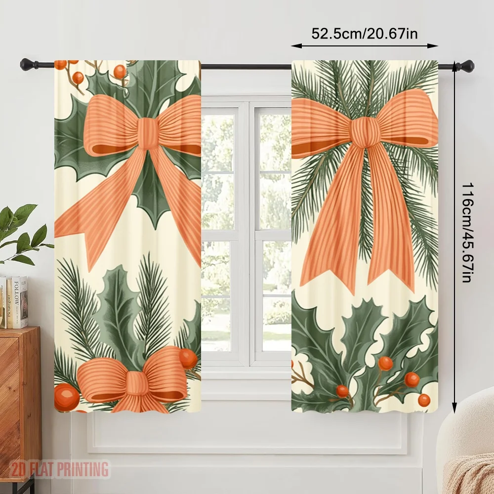 2pcs,2D plane printing Creative Curtains Christmas Bow Pine Holly (2) Durable Polyester (without rod) Decorations For Home for
