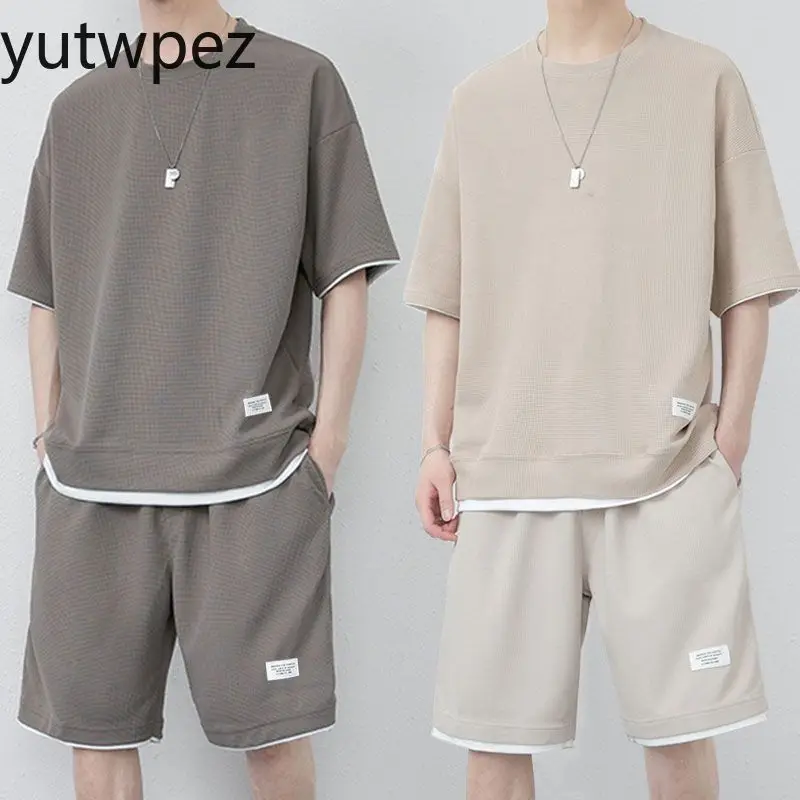 Summer Men's Sports Running Cycling Outdoor Hiking Casual Short-sleeve T-Shirt + Shorts Set Waffle Comfortable Tracksuit Suits