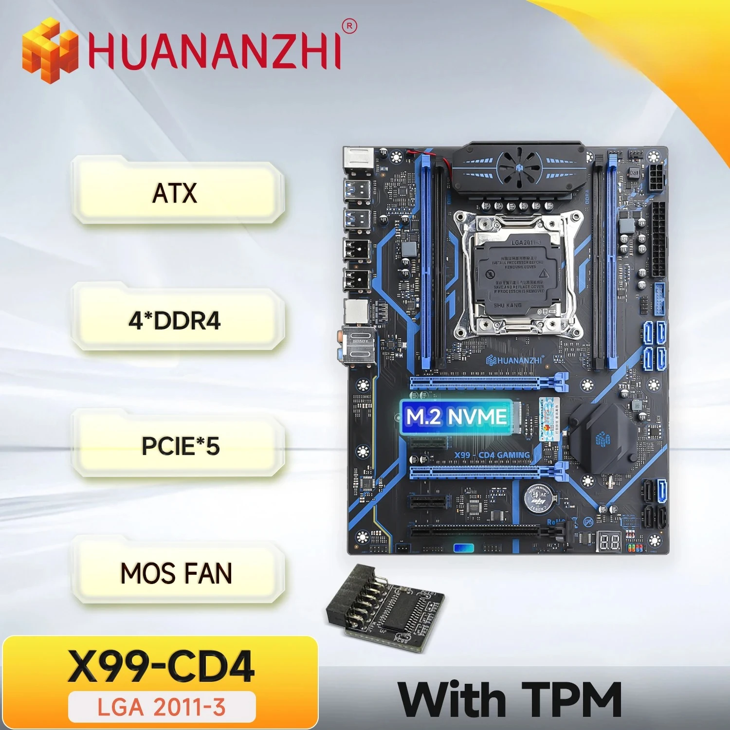 HUANANZHI X99 CD4 LGA 2011-3 XEON X99 Motherboard with TPM2.0 support Intel E5 V3 V4 DDR4 RECC NON-ECC Memory NVME