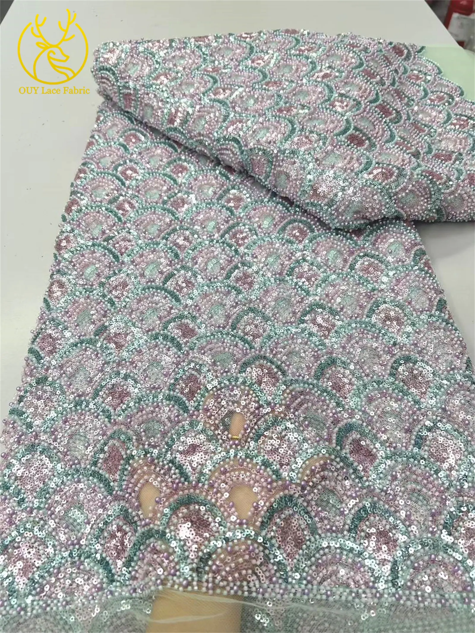 エメラルド高級アフリカビーズレース生地 20255 最新ナイジェリアフレンチスパンコールチュールレース生地 パーティードレス縫製用 5ヤード