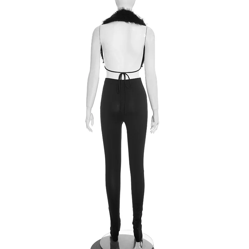 JENYAGE Damen Einfarbiges Weiches Flauschiges 2-Teiliges Outfit, Ärmelloses Crop-Top aus Kunstpelz, Hochgeschnittene Skinny-Leggings, Club-Party-Trainingsanzug – Detail 8