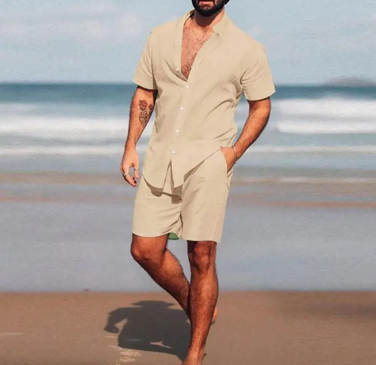 

Men's Summer Beach Wear irt And orts 2-Piece Set Cotton Blend Fabric ort Sve Youth ort Pants Faionable Ensemble