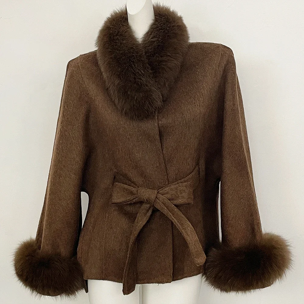 OFTBUY Neue Winter Natürliche Pelz-Wolljacke für Damen Luxuriöser Kurzer 100% Wollmantel Echter Fuchspelzkragen mit Gürtel Damen-Oberbekleidung – Detail 7