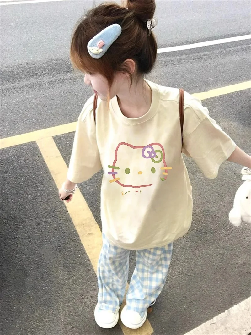 

Cute Kit ort Sve T-irt Women's Loose Fit Student Versatile oulder Length f Sve Top Korean Sle Cotton S...