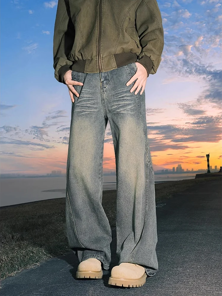 Celana Jeans Pria American Retro Knife Musim Semi Patchwork Dekonstruksi Cleanfit Longgar Lurus Lebar